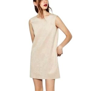 Faux Suede Mini Shift Dress Square Back Minimalist Sleeveless Cream Beige Size S
